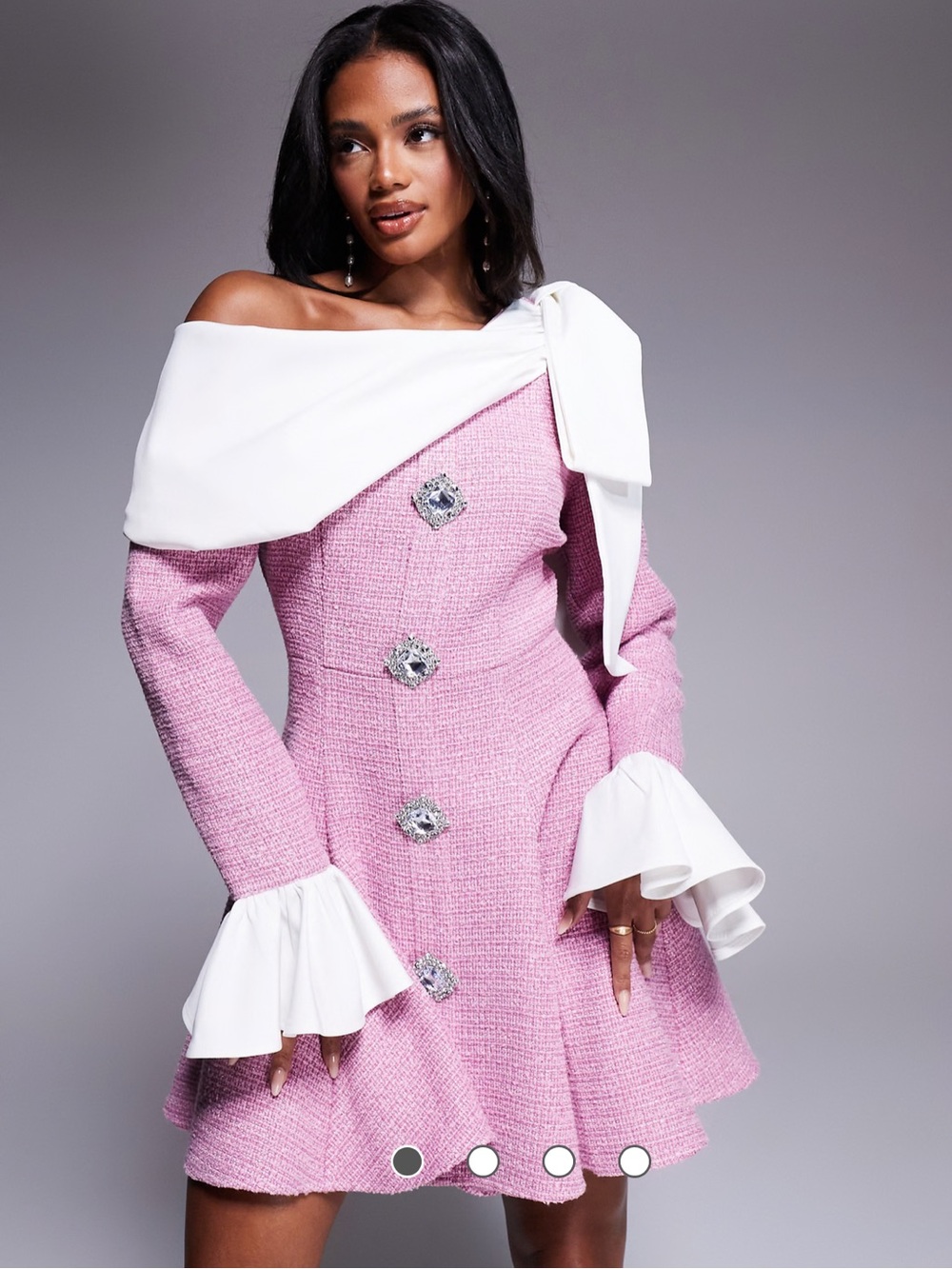ASOS LUXE Boucle and Poplin Mini Tweed Dress with Embellished Buttons in Pink 4